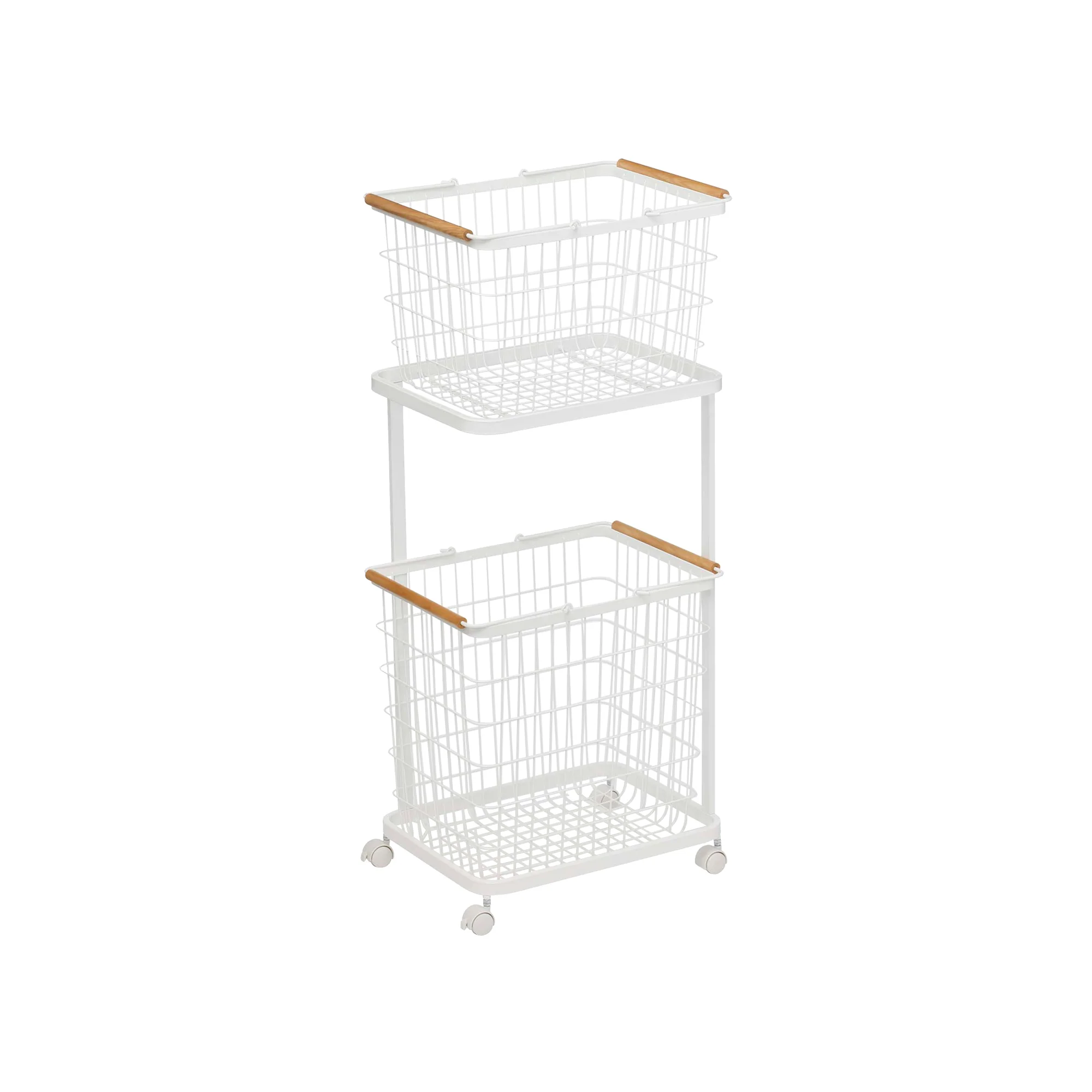 Rolling Laundry Cart + Wire Baskets (38" H)  - Steel + Wood - Image 3