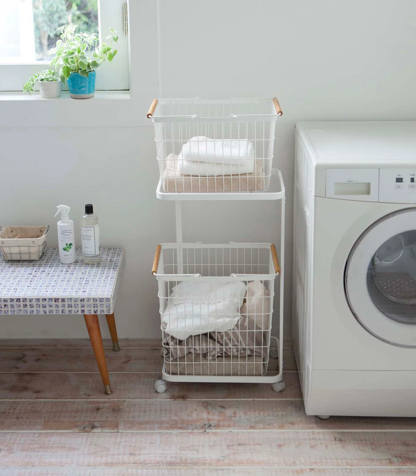 Rolling Laundry Cart + Wire Baskets (38" H)  - Steel + Wood - Image 4