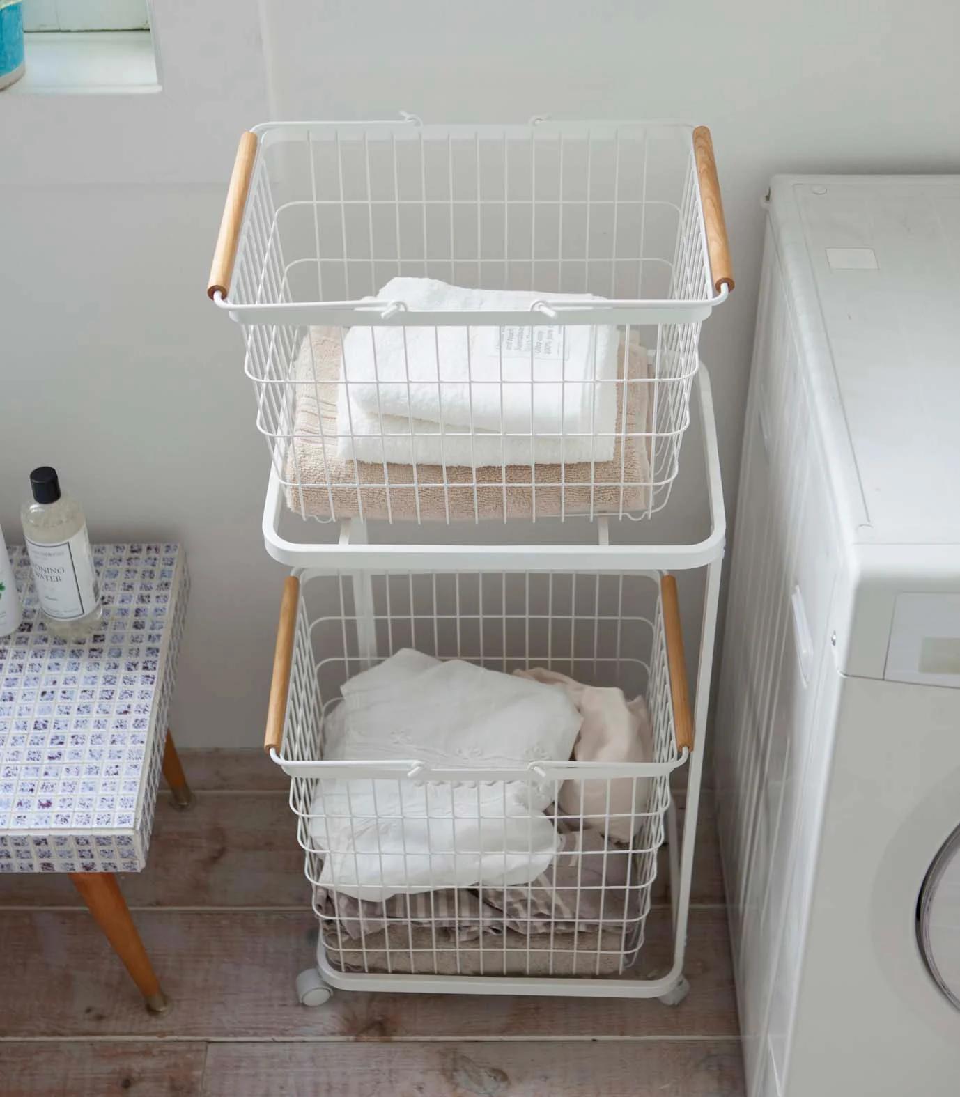 Rolling Laundry Cart + Wire Baskets (38" H)  - Steel + Wood - Image 5