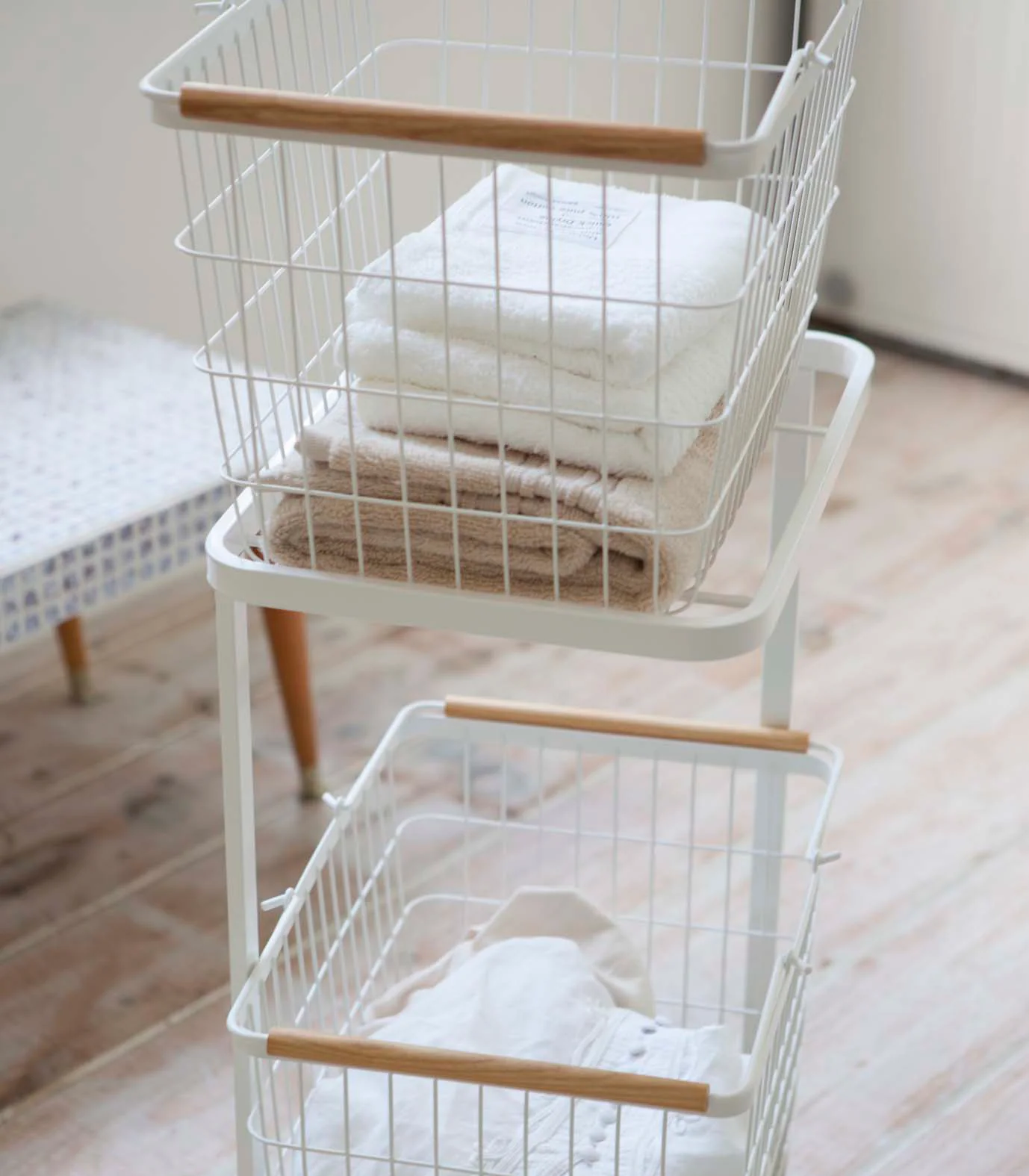 Rolling Laundry Cart + Wire Baskets (38" H)  - Steel + Wood - Image 6