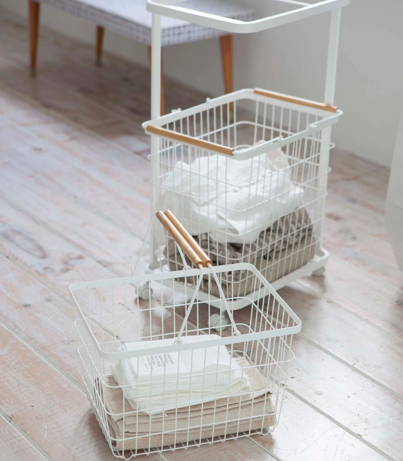 Rolling Laundry Cart + Wire Baskets (38" H)  - Steel + Wood - Image 7