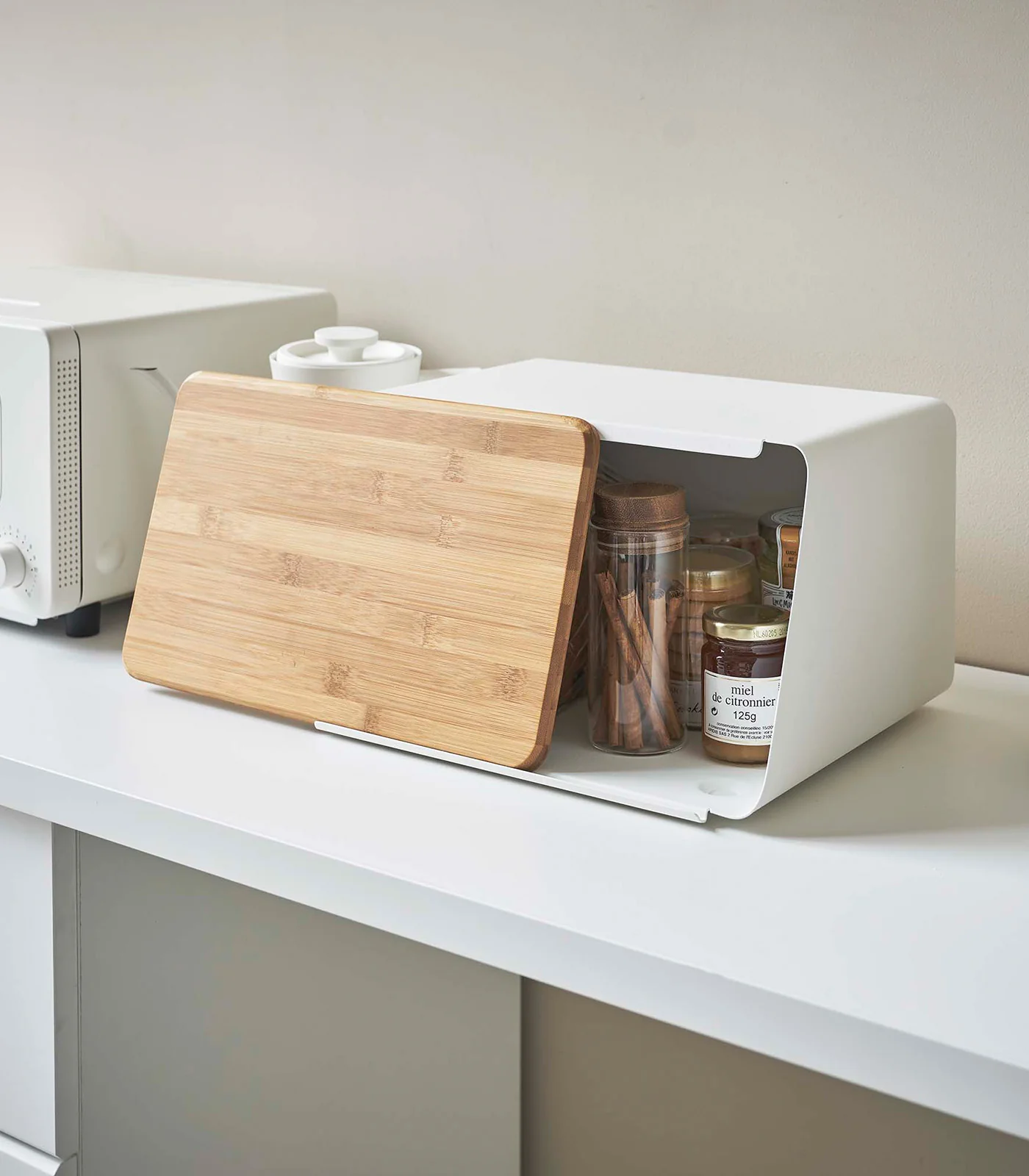 Bread Box with Cutting Board Lid - Steel + Wood - Image 3