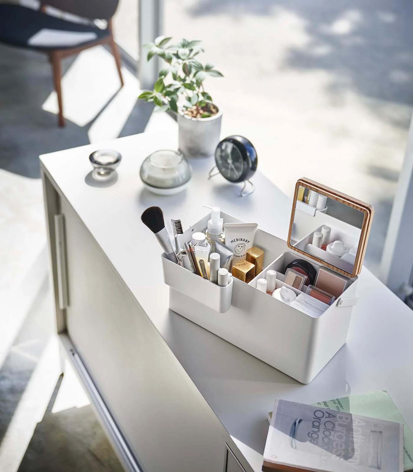 Makeup Organizer with Mirror - Steel + Wood - Image 2